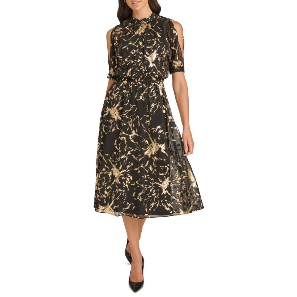 New $169 Calvin Klein Floral Black Gold Metallic Cold-Shoulder A-Line Dress Sz 4